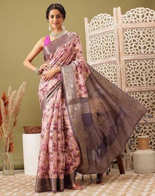 Pink printed cotton blend ethnic saree with blouse piece 2