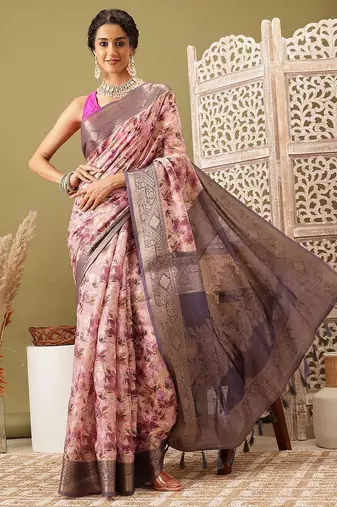 Pink printed cotton blend ethnic saree with blouse piece