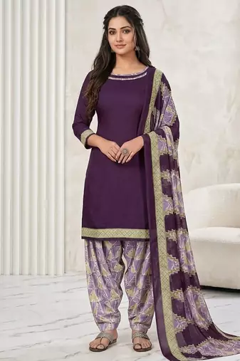Purple printed cotton blend stitched geometric print salwar kurta dupatta for women