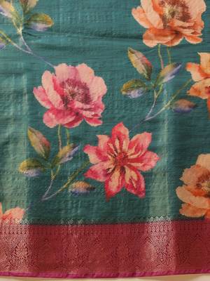 Teal printed tissue traditional saree with blouse piece 4