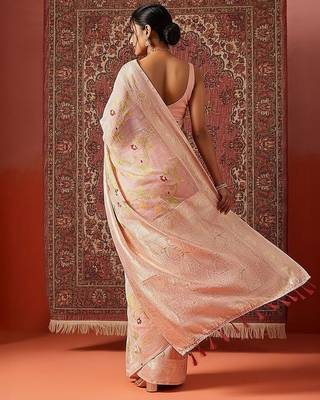 Pink printed cotton blend ethnic saree with blouse piece 2