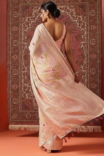 Pink printed cotton blend ethnic saree with blouse piece