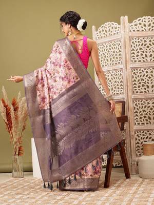 Pink printed cotton blend ethnic saree with blouse piece 3