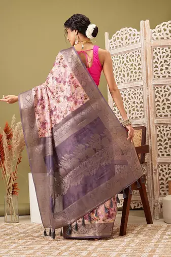 Pink printed cotton blend ethnic saree with blouse piece
