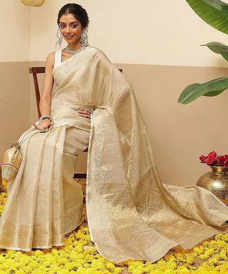 off white woven tissue saree with blouse 3