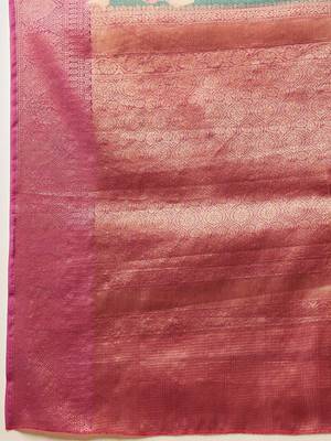 Teal printed tissue traditional saree with blouse piece 5