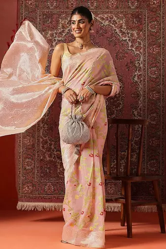 Pink printed cotton blend ethnic saree with blouse piece