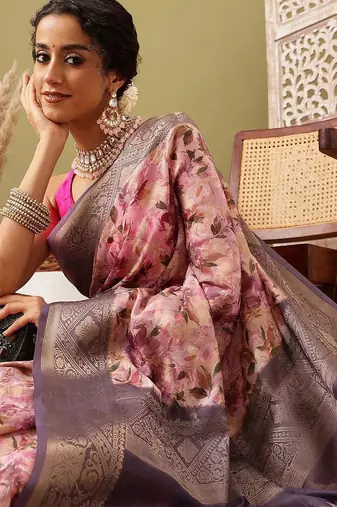Pink printed cotton blend ethnic saree with blouse piece