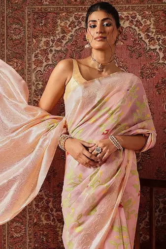 Pink printed cotton blend ethnic saree with blouse piece