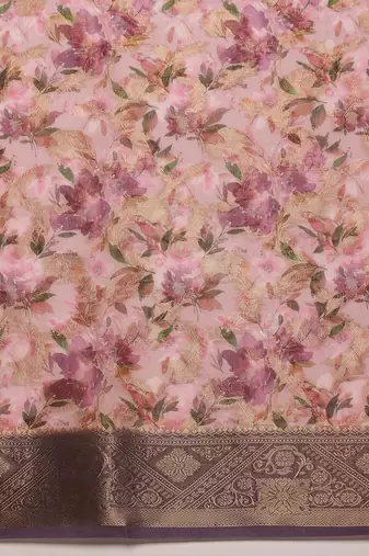 Pink printed cotton blend ethnic saree with blouse piece