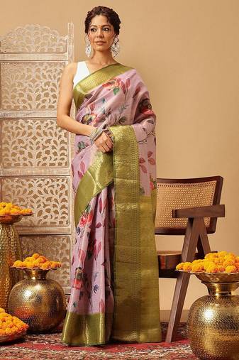 Pink printed tissue traditional saree with blouse piece