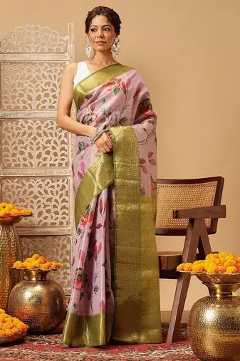 Pink printed tissue traditional saree with blouse piece