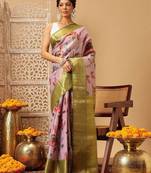 Pink printed tissue traditional saree with blouse piece