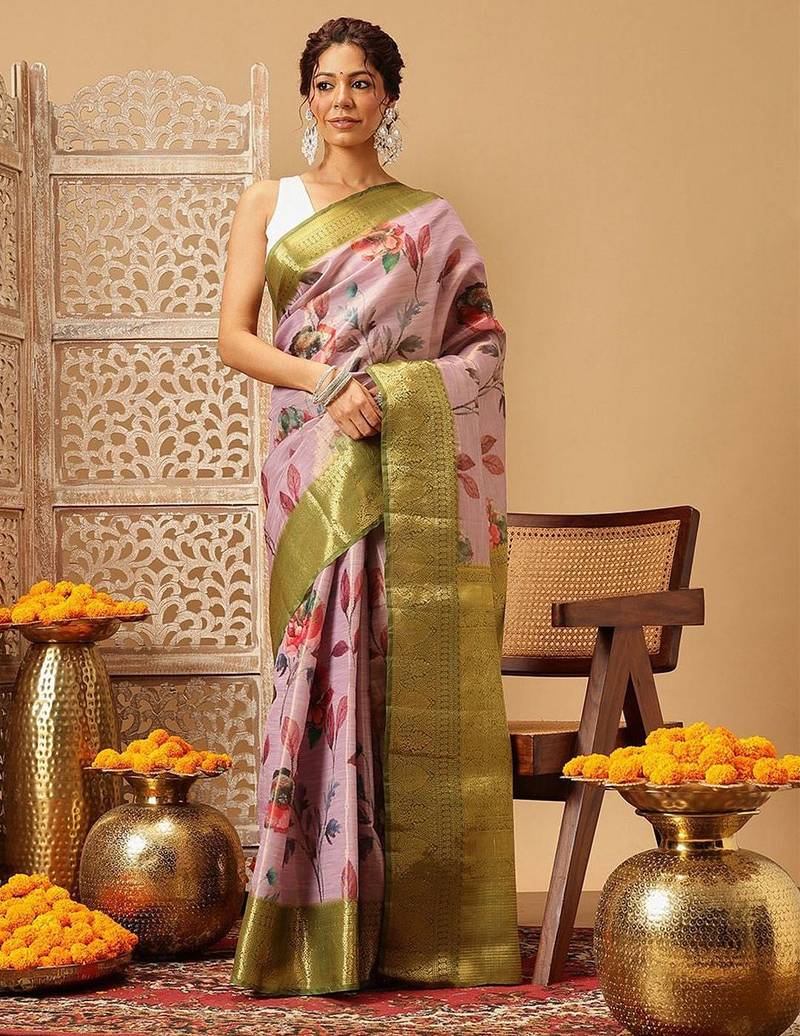 Pink printed tissue traditional saree with blouse piece