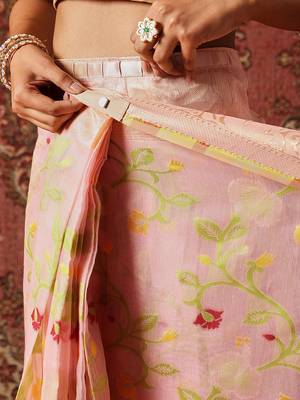 Pink printed cotton blend ethnic saree with blouse piece 5
