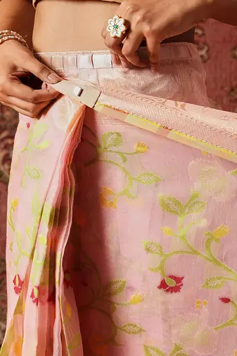 Pink printed cotton blend ethnic saree with blouse piece