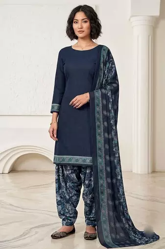 Blue printed cotton blend stitched floral print salwar kurta dupatta for women