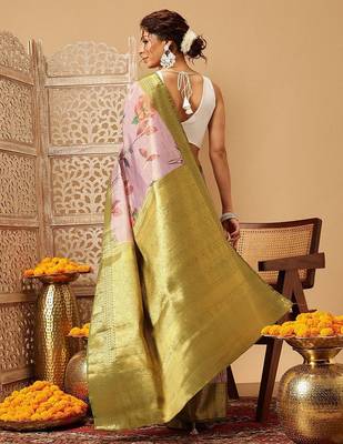 Pink printed tissue traditional saree with blouse piece 2