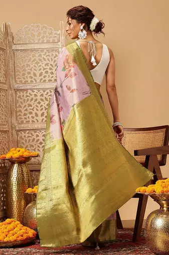 Pink printed tissue traditional saree with blouse piece