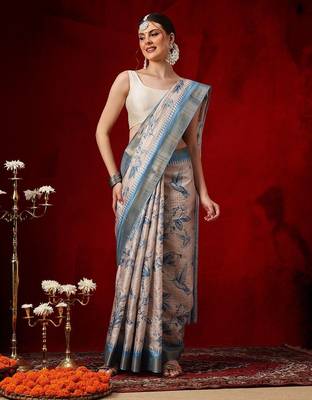 Beige printed art silk ethnic saree with blouse piece 1