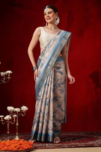 Beige printed art silk ethnic saree with blouse piece