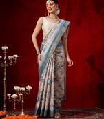 Beige printed art silk ethnic saree with blouse piece