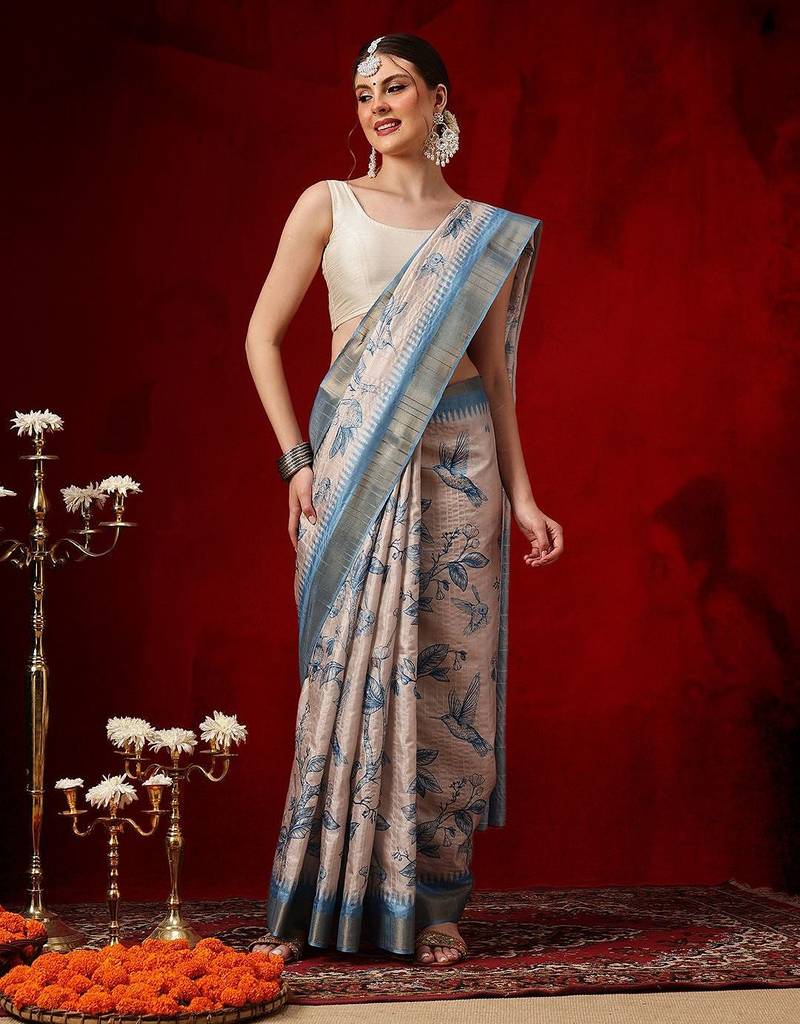 Beige printed art silk ethnic saree with blouse piece