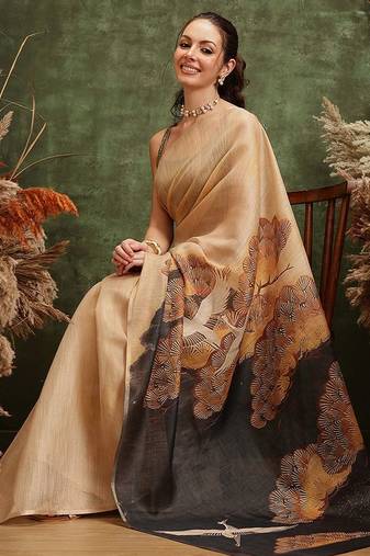 Beige printed tissue traditional saree with blouse piece