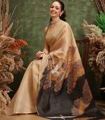 Beige printed tissue traditional saree with blouse piece