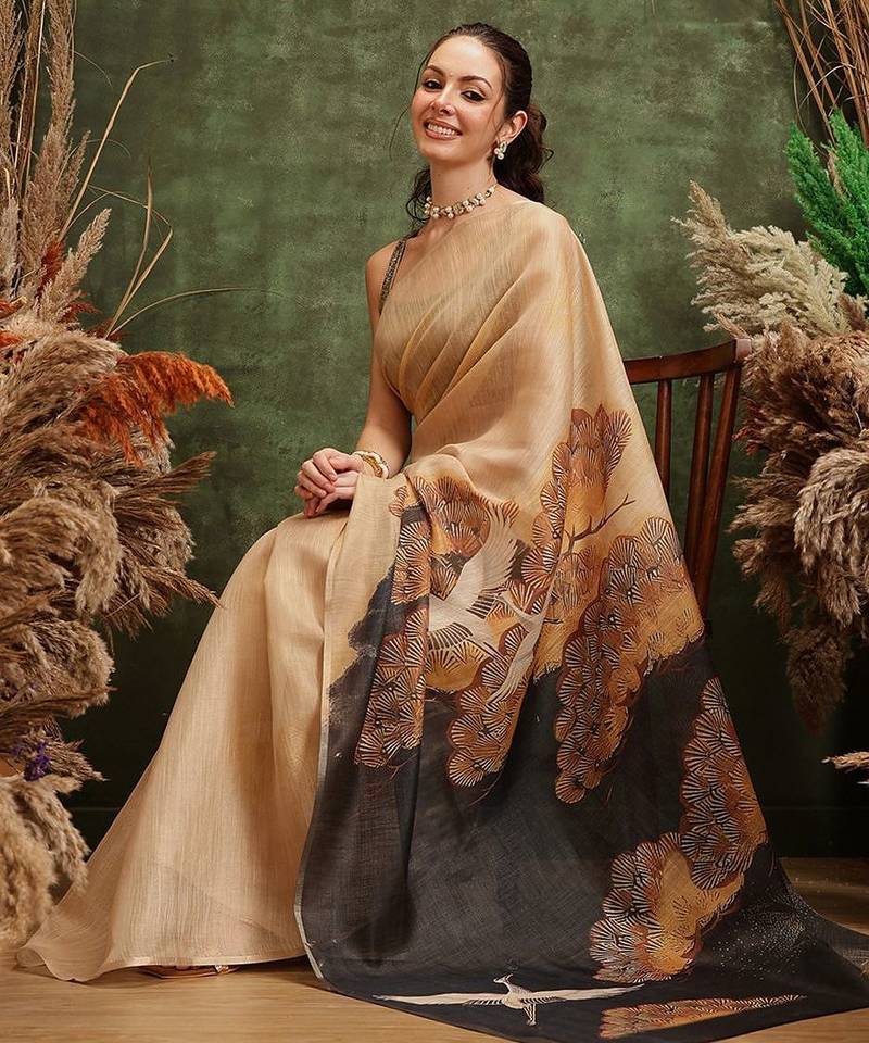 Beige printed tissue traditional saree with blouse piece