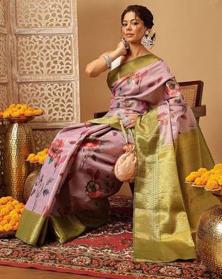 Pink printed tissue traditional saree with blouse piece 3
