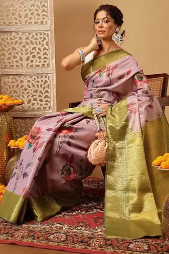 Pink printed tissue traditional saree with blouse piece