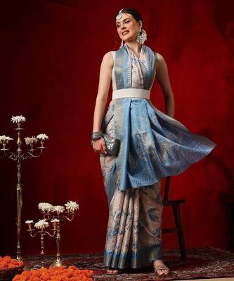 Beige printed art silk ethnic saree with blouse piece 3