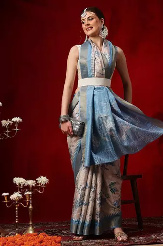 Beige printed art silk ethnic saree with blouse piece