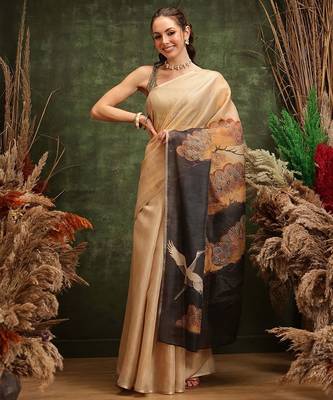 Beige printed tissue traditional saree with blouse piece 2