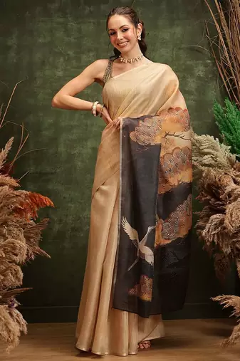 Beige printed tissue traditional saree with blouse piece