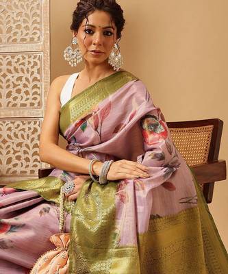 Pink printed tissue traditional saree with blouse piece 4