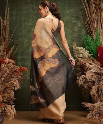 Beige printed tissue traditional saree with blouse piece 3