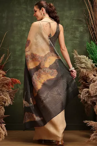 Beige printed tissue traditional saree with blouse piece