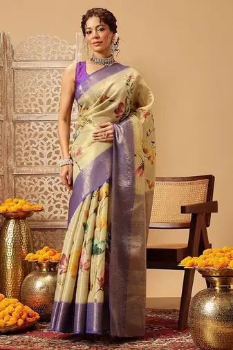 Beige printed tissue traditional saree with blouse piece
