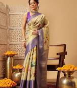 Beige printed tissue traditional saree with blouse piece