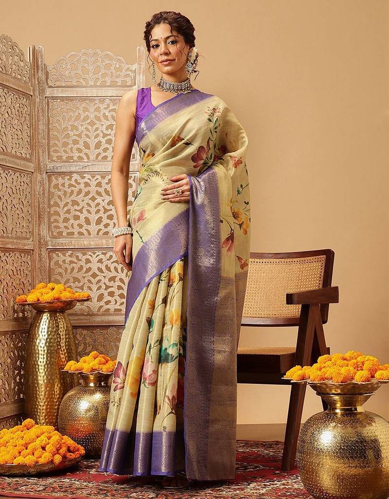 Beige printed tissue traditional saree with blouse piece