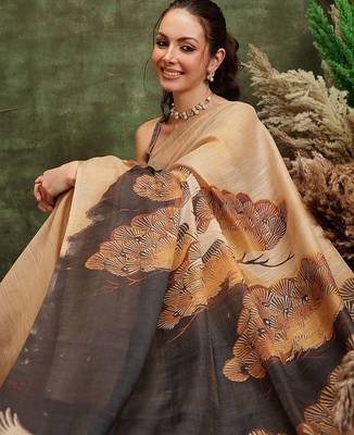 Beige printed tissue traditional saree with blouse piece 4