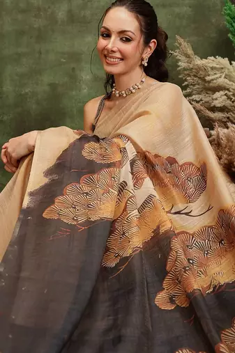 Beige printed tissue traditional saree with blouse piece