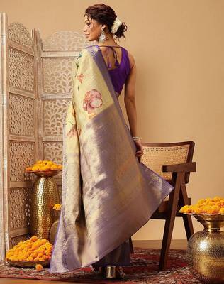 Beige printed tissue traditional saree with blouse piece 2