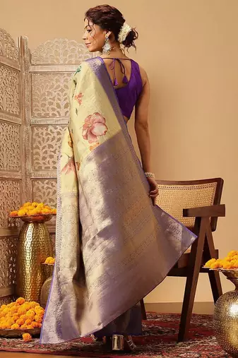 Beige printed tissue traditional saree with blouse piece