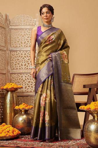 Olive printed tissue traditional saree with blouse piece