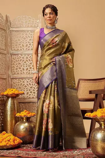 Olive printed tissue traditional saree with blouse piece
