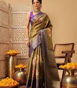 Olive printed tissue traditional saree with blouse piece