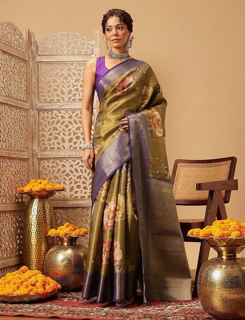 Olive printed tissue traditional saree with blouse piece
